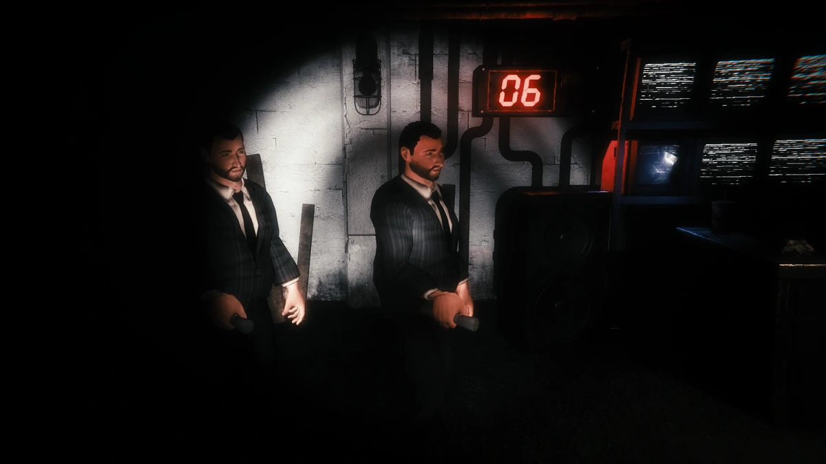 Teammates with flashlights in Basement